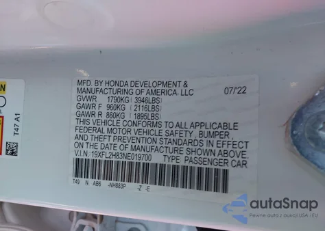 2022 Honda Civic Sport из США, поврежденный, VIN 19XFL2H83NE019700